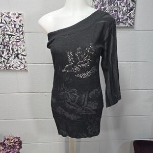 Love Culture Charcoal Ribbed Knit Off-Shoulder Dress